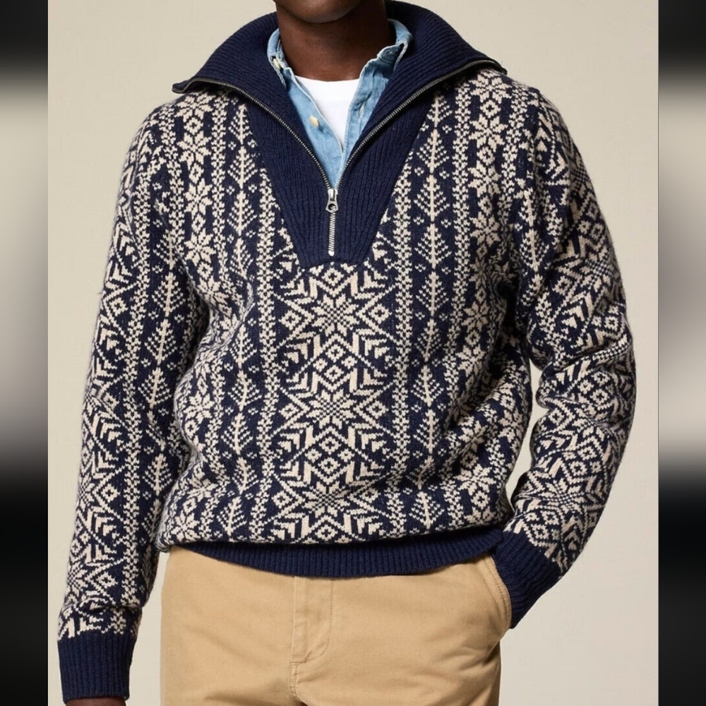 J. Crew Fair Isle Lambswool Half-Zip Pullover Turtleneck Knit Sweater NWOT - Picture 2 of 14